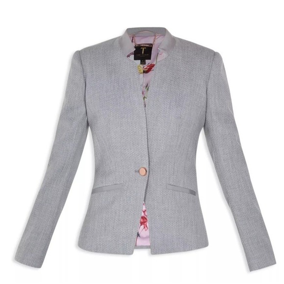 Ted Baker Blazer Sz 3 / US 8 Daizi Textured Tailored Gray Stretch Pockets - Picture 3 of 14